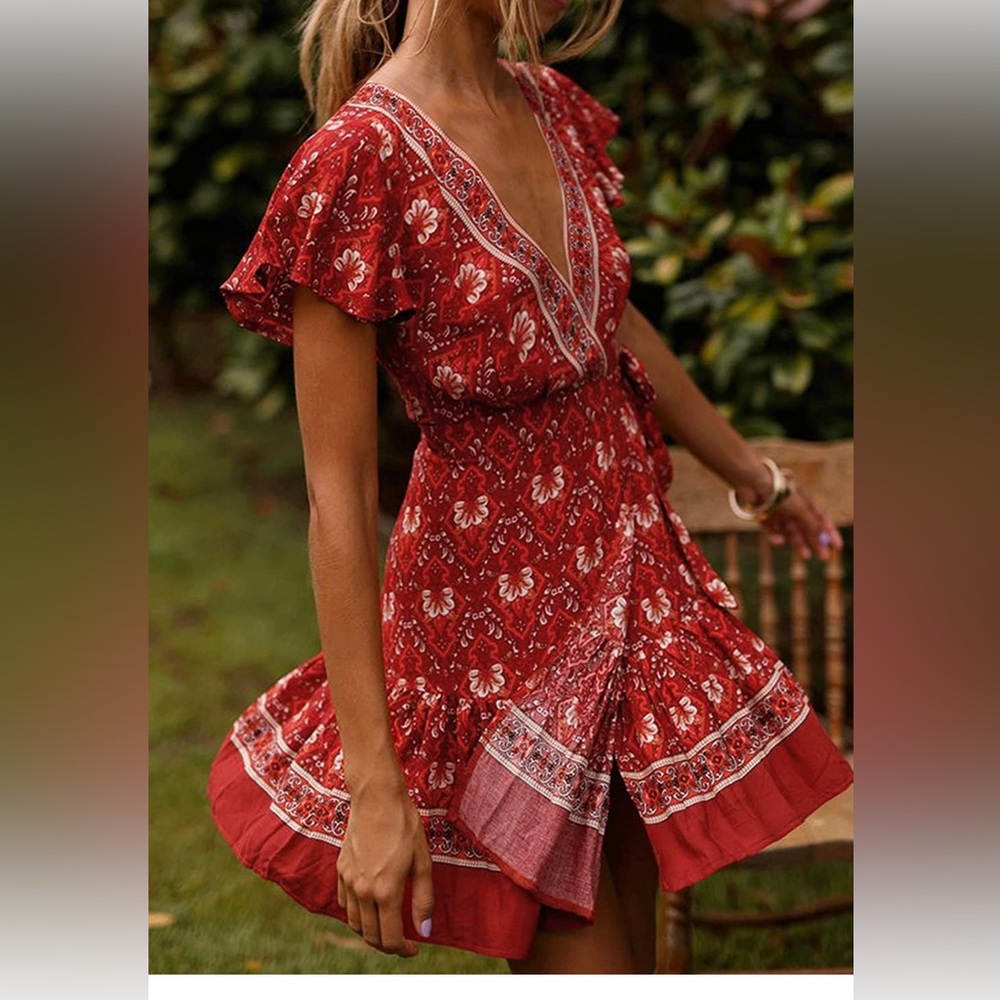 NWT Wrap V Neck Bohemian Floral Print Ruffle Swing A Line Beach Mini Dress